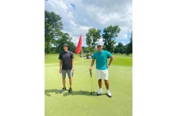 Blackwater Elite Coach Nash Racela (L) and NLEX Road Warriors player Kiefer Ravena are all smiles as they play golf at the Filinvest Mimosa Plus Leisure City golf course within the Clark bubble. (Source: Quest Plus Conference Center, Clark)